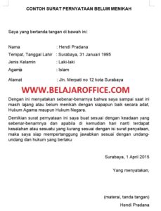 Contoh Surat Penyataan Belum Menikah