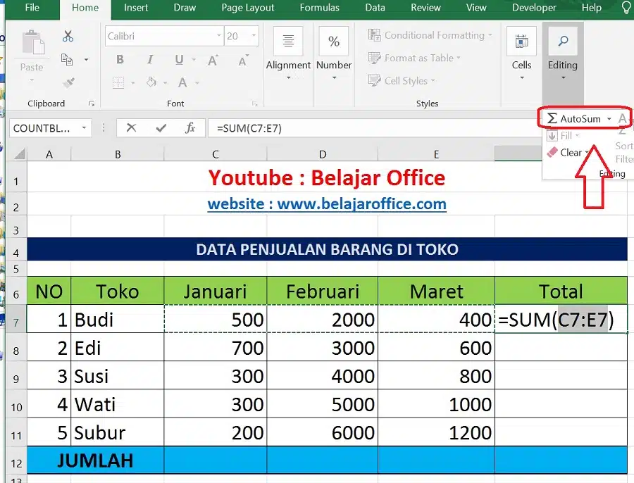 Cara 2 Penjumlahan Excel Otomatis